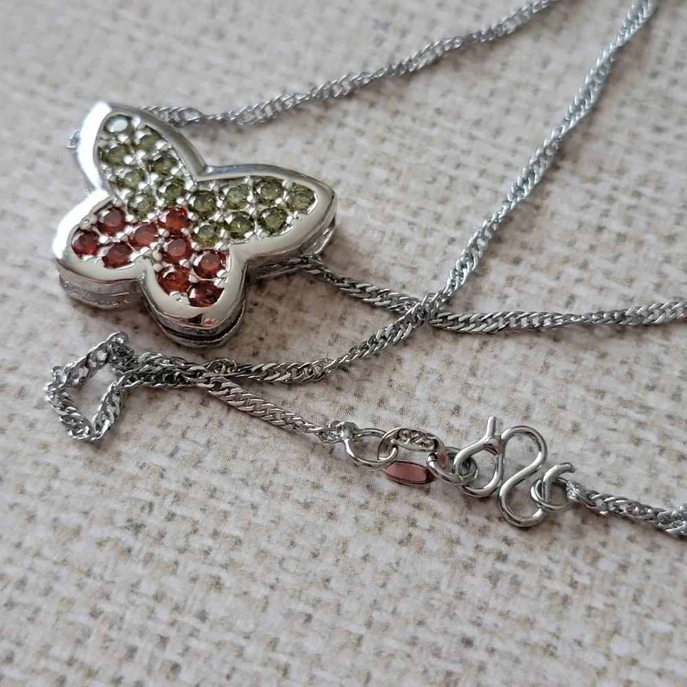 Gemstone Pave Butterfly Necklace Red and Green 18k white gold filled 925 Silver